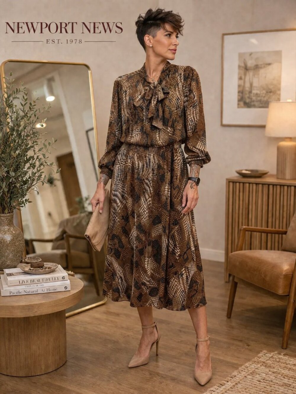 Snake Print Midi Dress Tie Neck Long Sleeve Brown Animal Print Boho Retro Dress